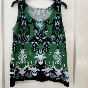 CHICO'S Linen Blend Ikat Jacquard Sleeveless Tank Top Size 0 Green Print